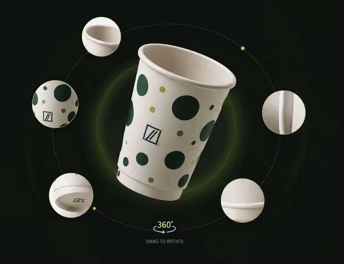 3D model of a custom-printed dot-pattern paper cup with detail close-ups
