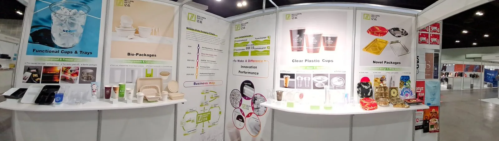 Billion Dots booth at China Homelife USA Expo 2024, Los Angeles — custom food packaging, bio-packages and clear cups on display